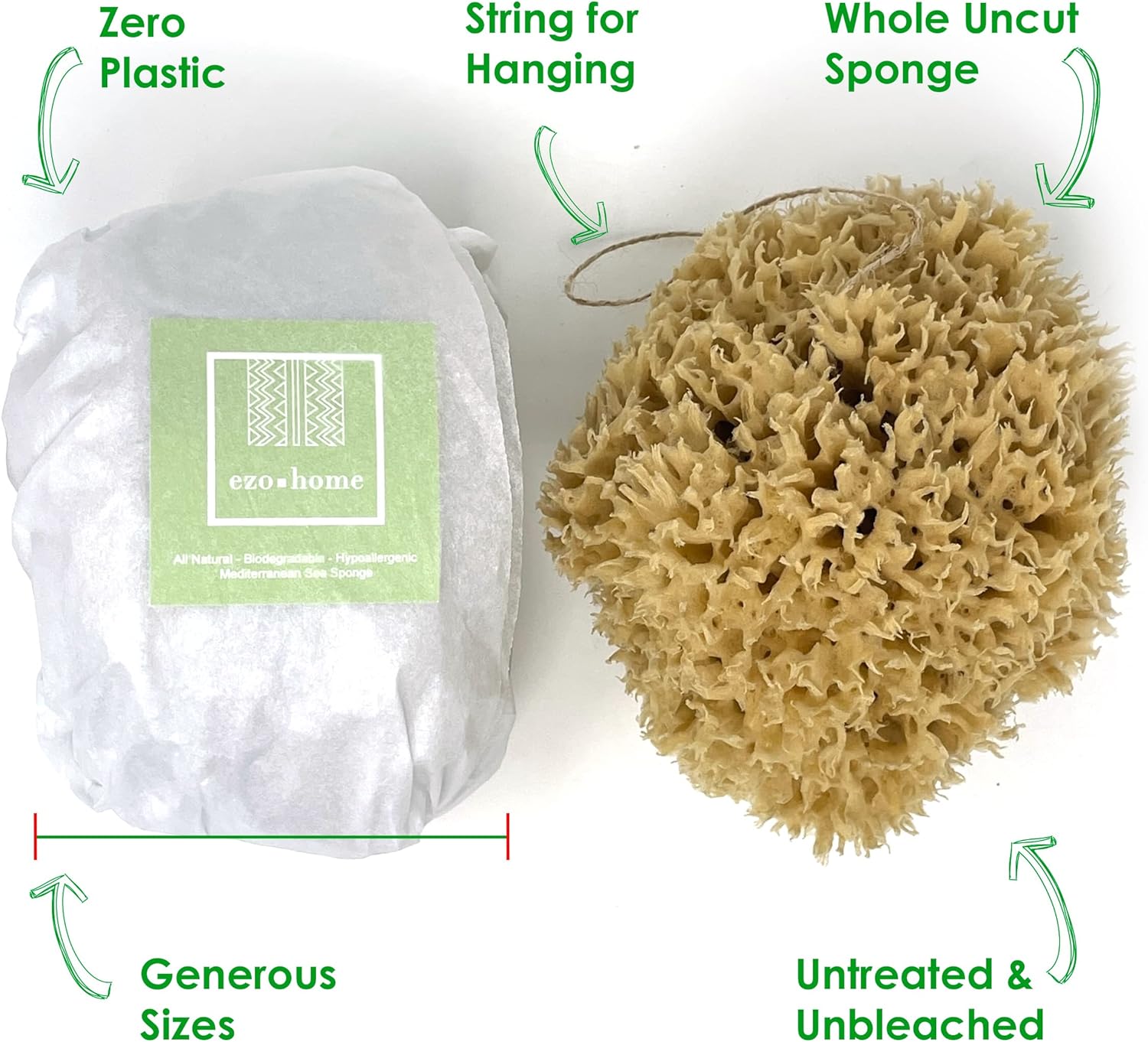 A medium honeycomb sponge beside its plastic free packaging, whole, uncut, untreated and unbleached