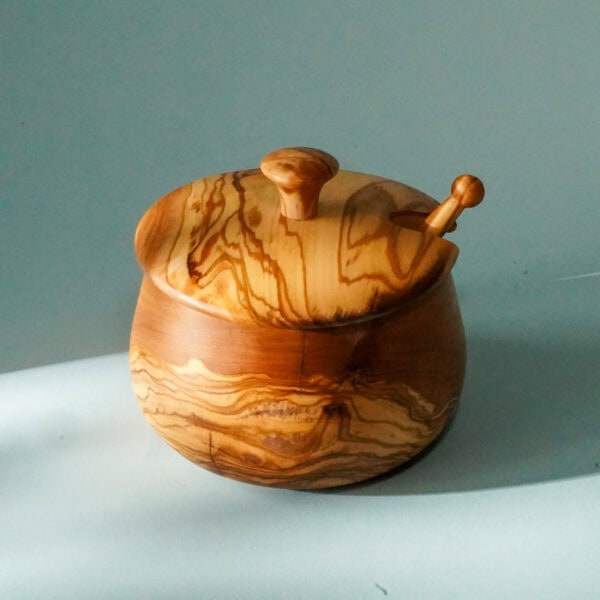 olive wood sugar bowl with spoon