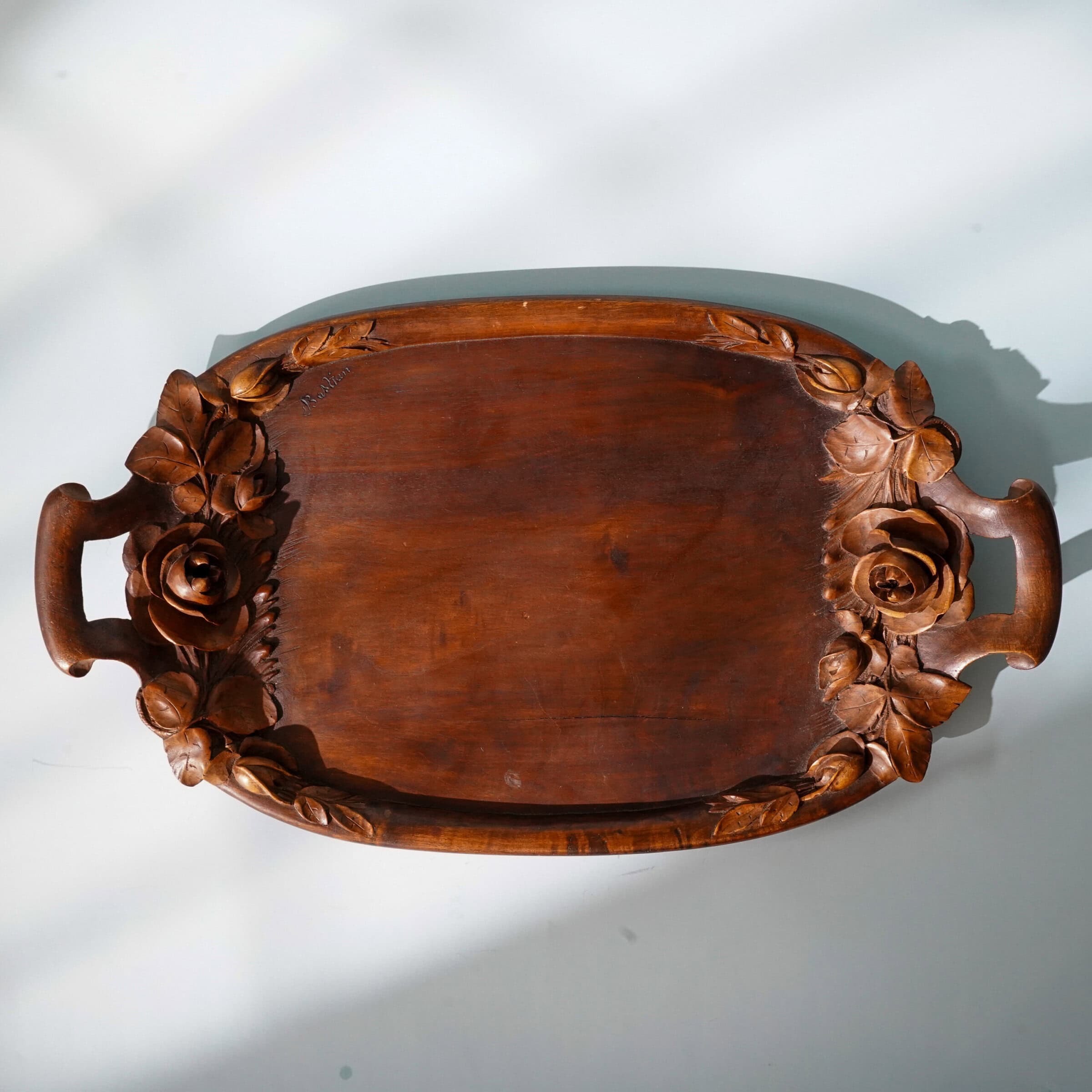Continental Folk‑Baroque Revival Carved Wood Tray Signed Bastian 57 x 32cm